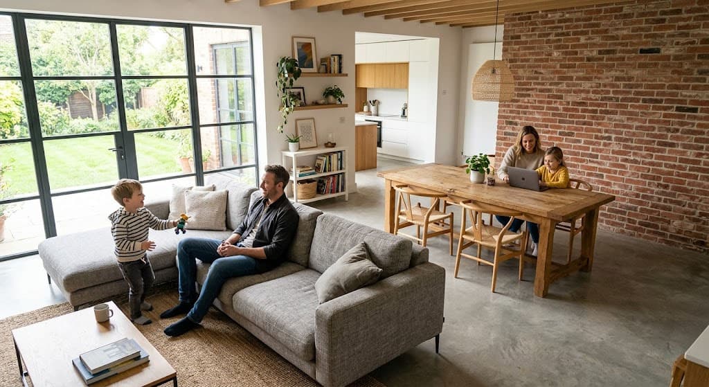 modern living room with father son mother daughter interacting with a connected laptop