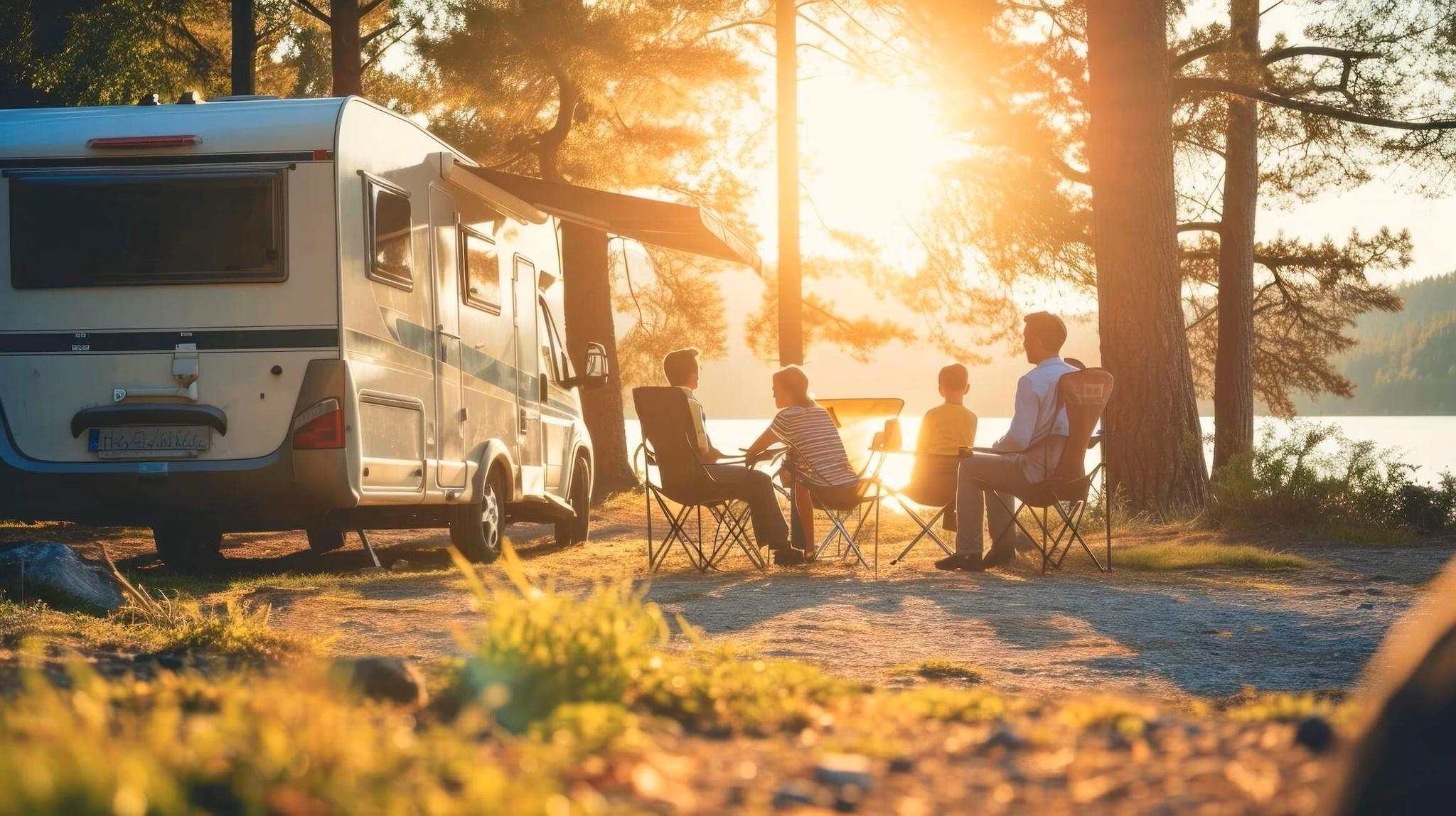 Family relaxing together at RV park near lake