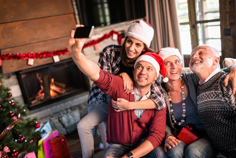 Holiday group takes a selfie at Christmas time