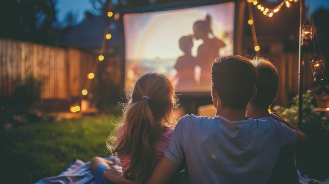 Family of mom, dad, and son watching a movie on an outdoor screen