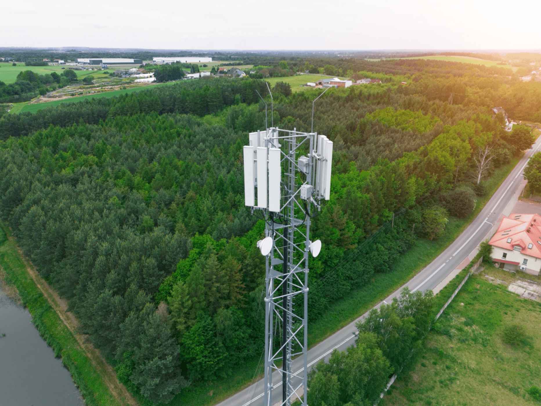 Fixed wireless internet tower in a rural farm area