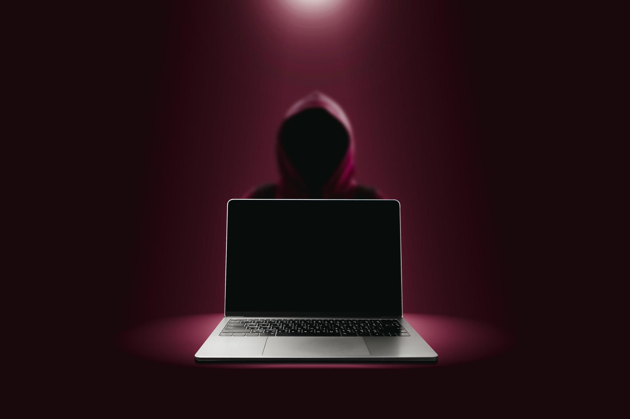 Hooded figure sitting behind a laptop