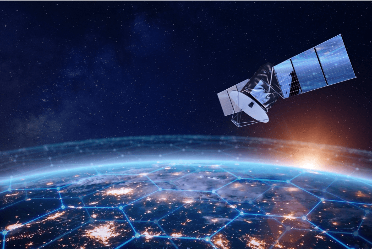 Satellite orbiting above a 3-D graphic of the earth encased in hexagonal glowing lines