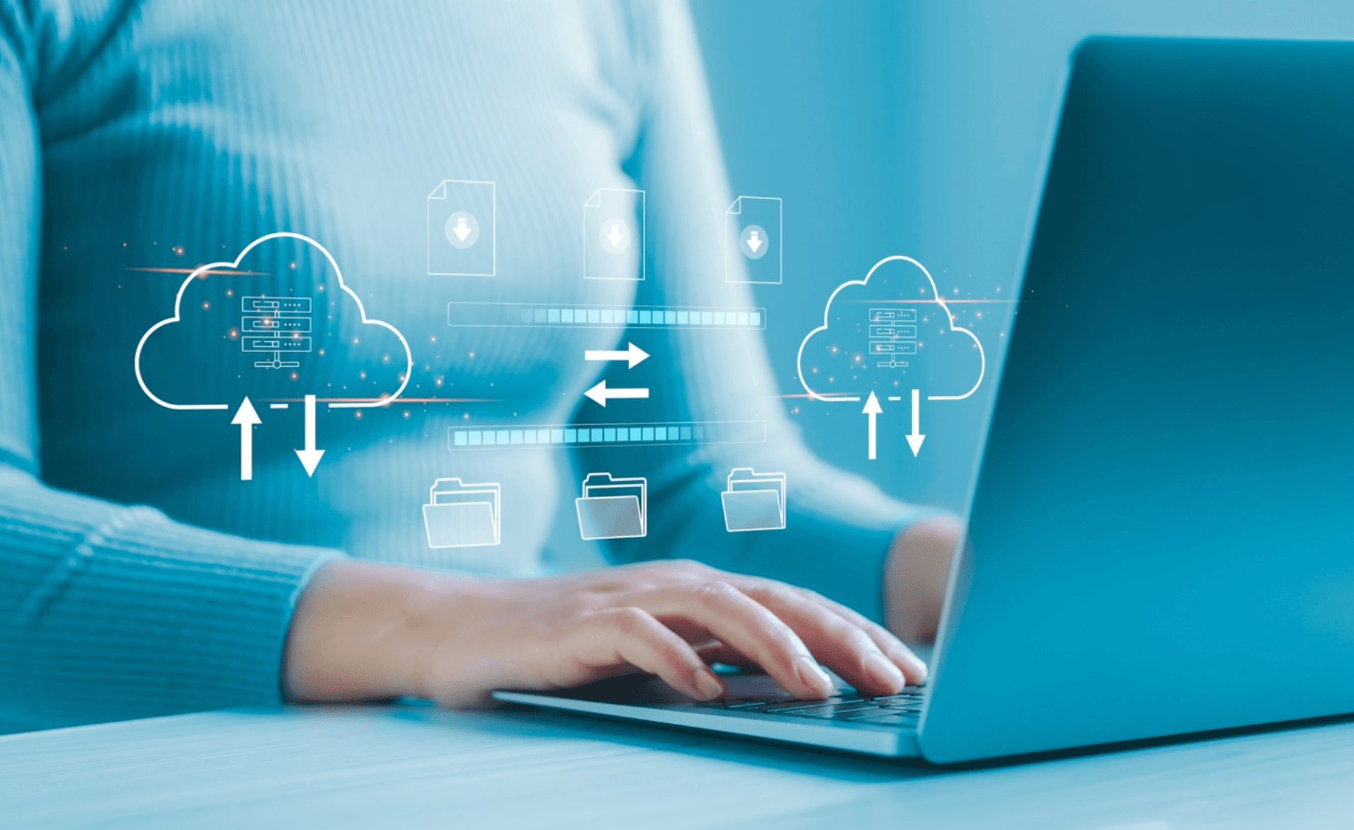 Illustration of clouds depicting uploads and downloads hovering above a hands on a laptop keyboard.