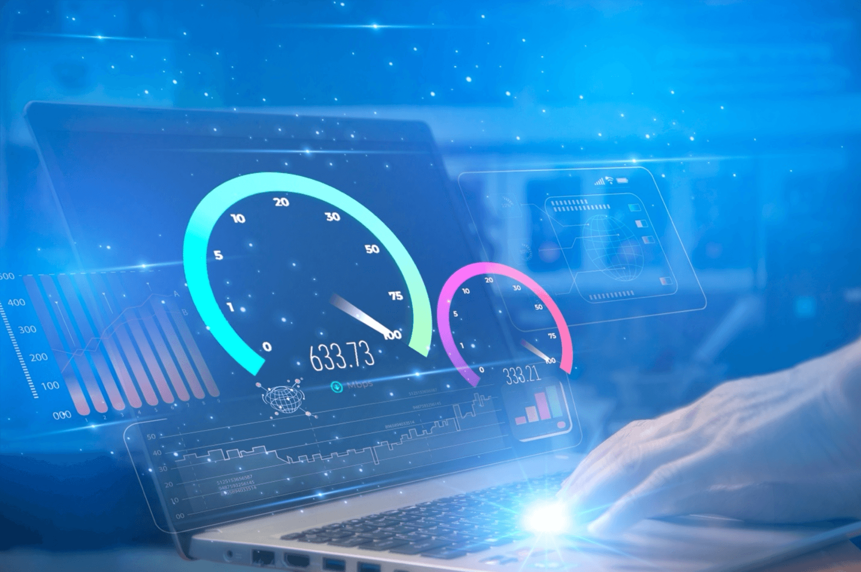 Speedometers projected over a laptop showing different internet speeds