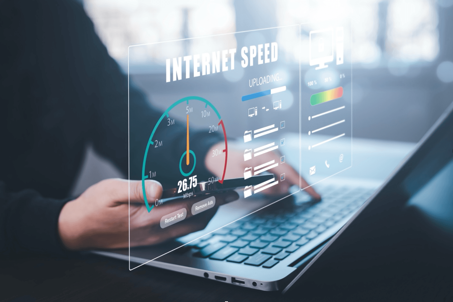Internet speed test projected over top of a person’s hands on a laptop keyboard