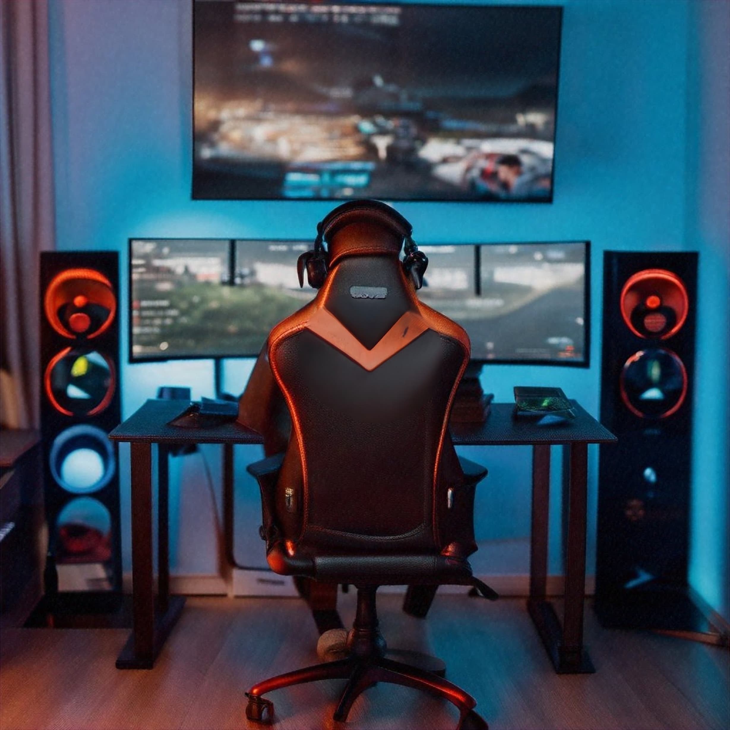 blog/Back view of a gamer sitting in front of several computer monitors