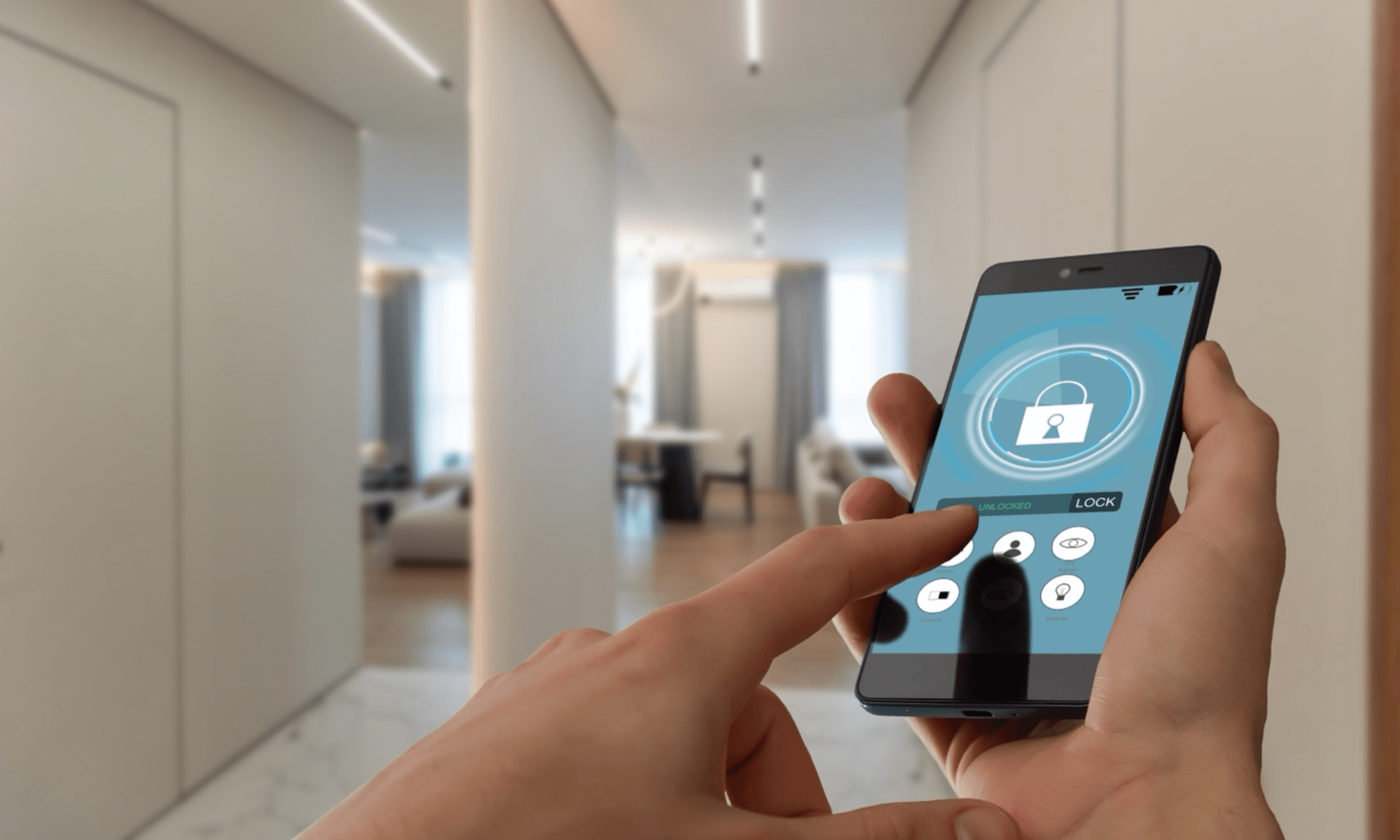 Hands hold a smartphone that displays a security screen on a Wi-Fi management app