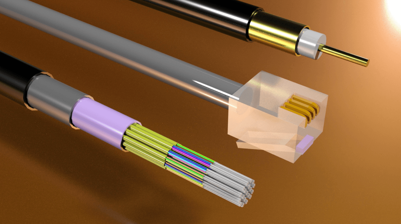 3-D rendering of fiber, DSL, and coaxial internet cables
