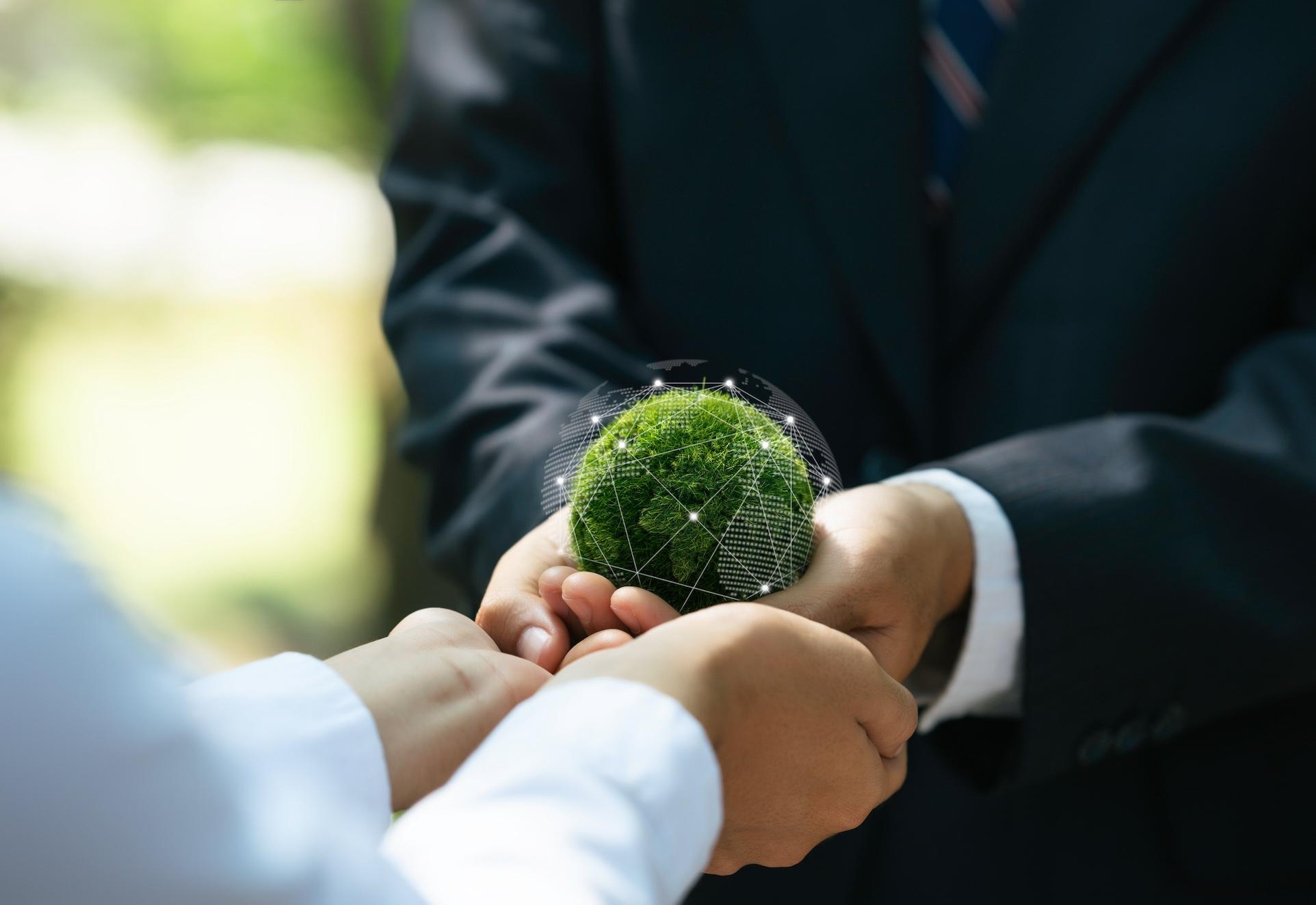 Hands holding a green earth with network signals around it