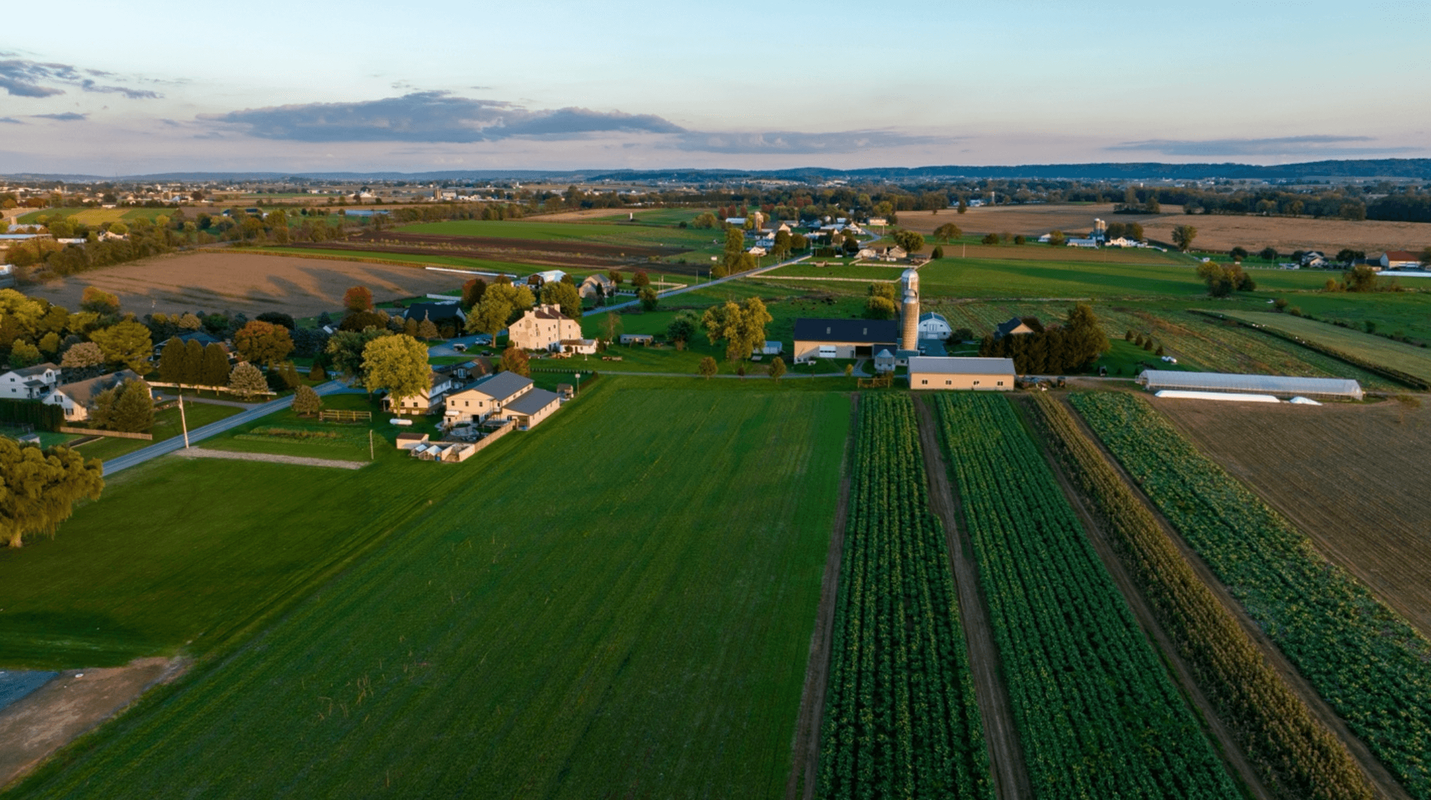 Panoramic view of a rural farm town